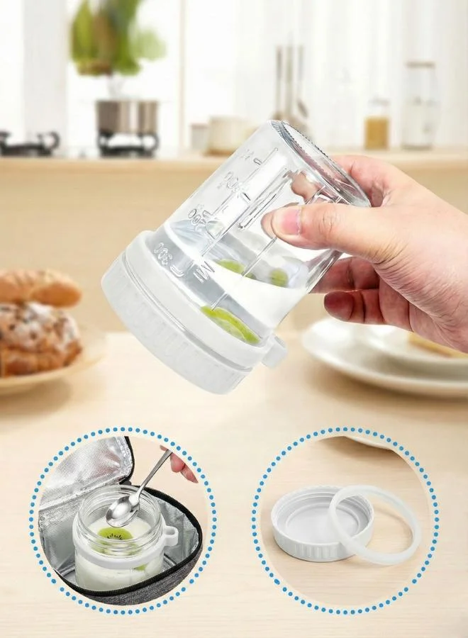 Casa Quesera Overnight Oats Glass Jars Set of 6 (16oz) – Leakproof Containers with Spoons | 3 Grey & 3 White Lids |